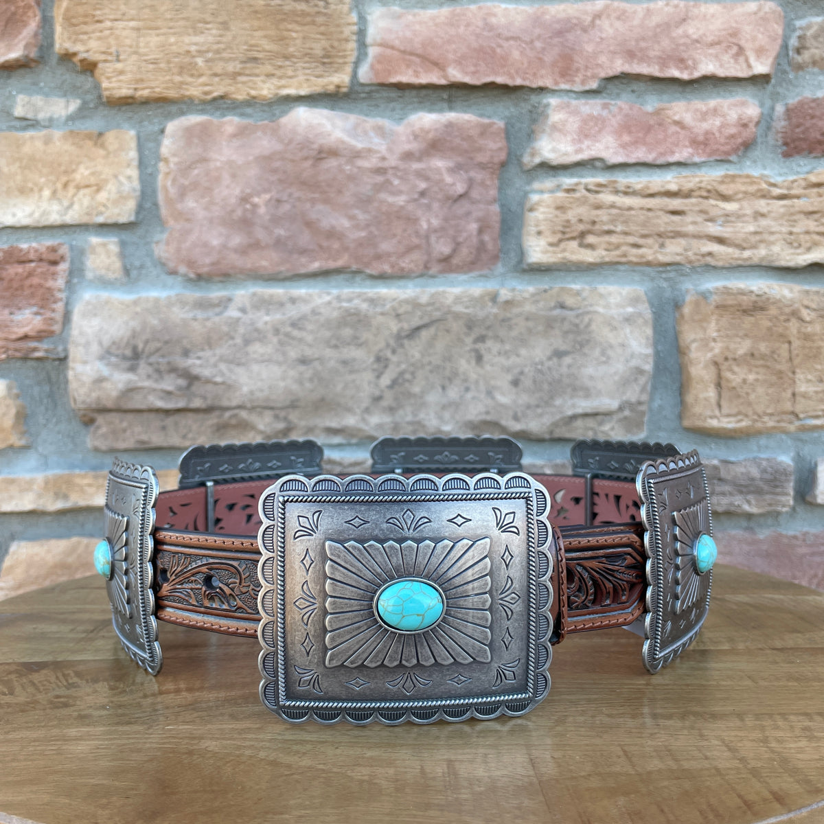 Tony Lama Farmington Concho Belt Turquoise Silver Western Adjustable Tony Lama Silver Concho Western Chain Belt | Pinto Ranch main image 2