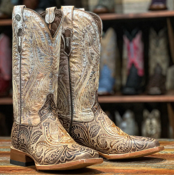 Women's Tanner Mark Hand Tooled Horseshoe Wide Square Toe Boots