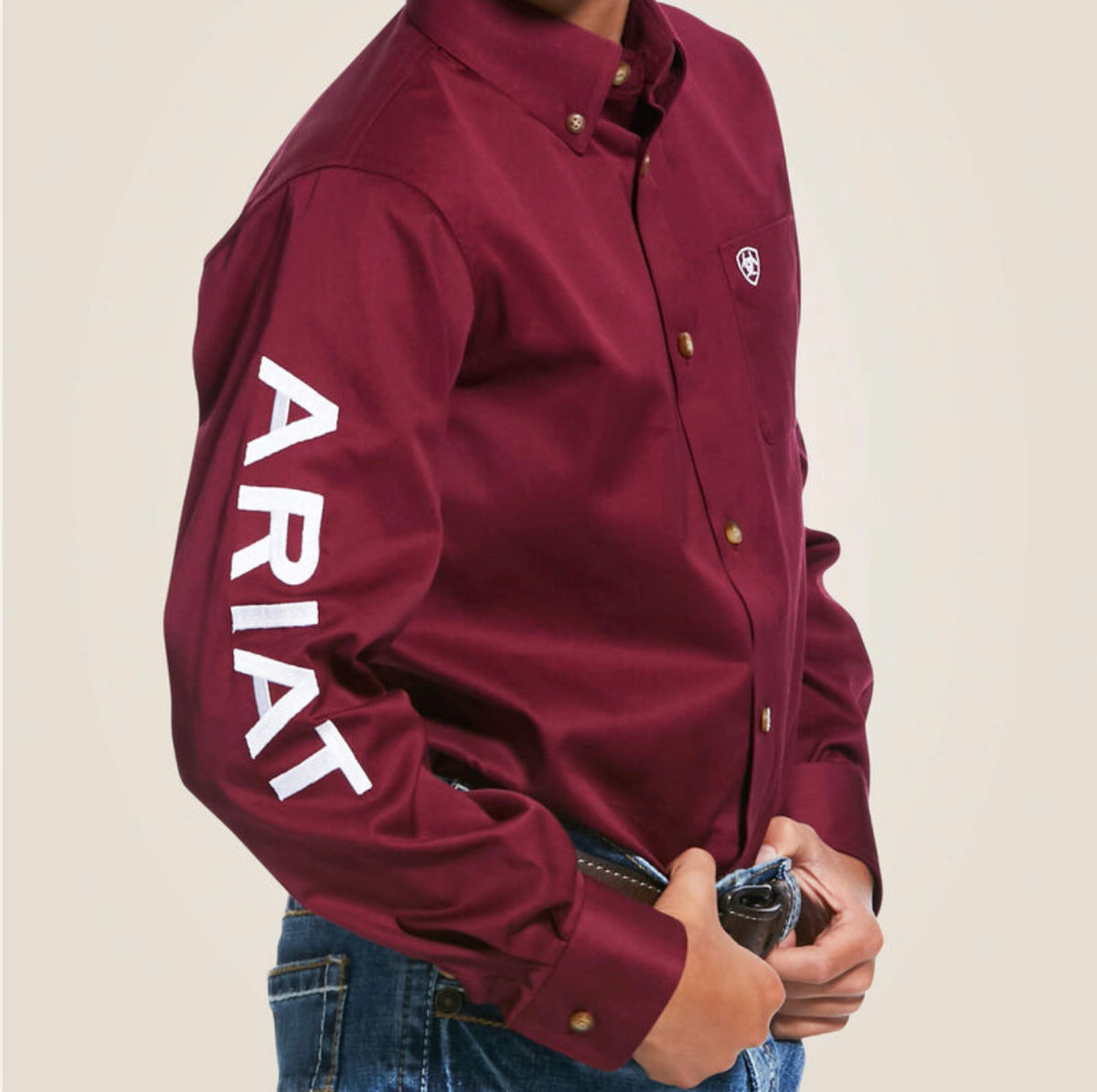 Ariat: Men's Team Logo Twill Burgundy/White Fitted LS Shirt