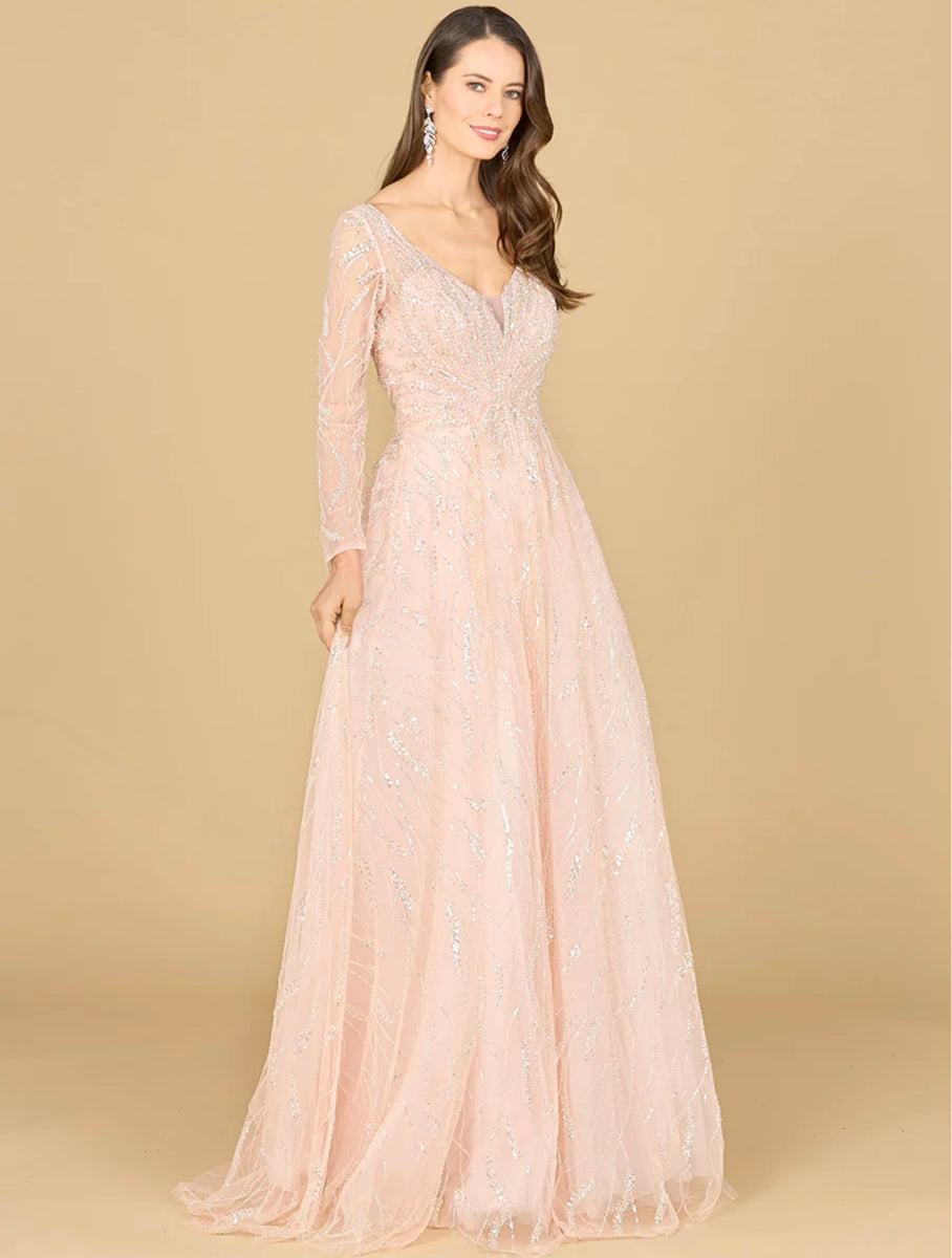 Lara Powder Pink Long Sleeve Beaded Lace Gown 29157 – Moreno's Wear