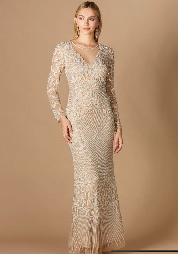 Lara Ivory/Nude Fitted Long Sleeve Beaded Gown 29360