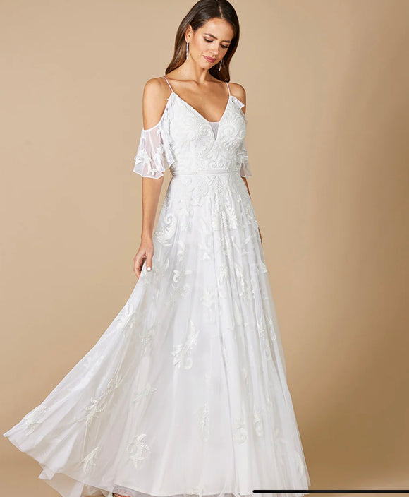Lara Ivory Giana Beaded Cold-Shoulder Wedding Gown 51064