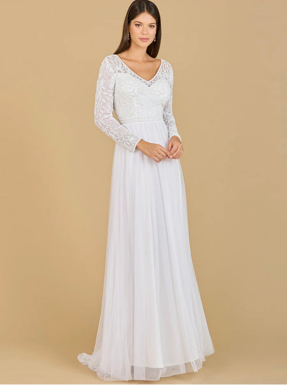 Lara Ivory Long Sleeve Bridal Gown with Flowy Skirt 51067