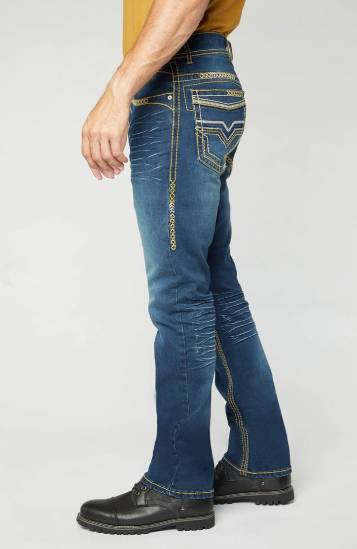 Men's Platini Embroidered Medium Blue Slim Boot Cut Jeans