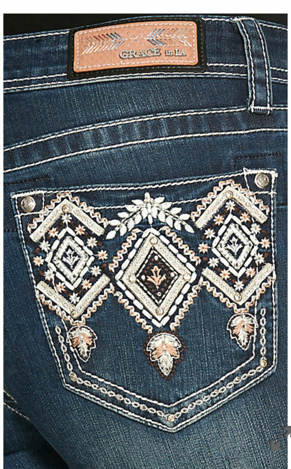 Grace in LA Medium Wash Aztec Embroidery Bootcut Jeans