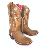 Women's Quincy Volcano White Sunflower Detail Boots Square Toe