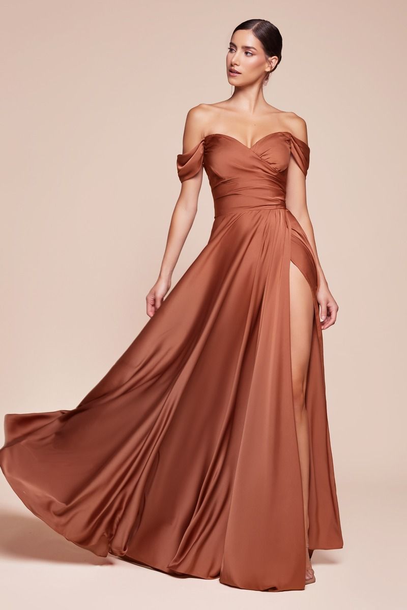 Cinderella Divine 7493 Long A-Line Off the Shoulder Satin Dress