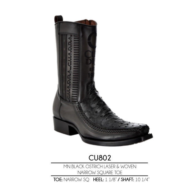 Men’s Cuadra Ostrich Laser Narrow Square Toe Ankle Boots CU802 Black