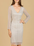 Lara Classic V Neck Beaded Long Sleeve Cocktail Dress 29164