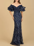 Lara Off Shoulder Mermaid Beaded with Tiered Sleeves Gown 29190