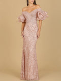 Lara Off Shoulder Mermaid Beaded with Tiered Sleeves Gown 29190