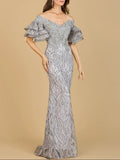 Lara Off Shoulder Mermaid Beaded with Tiered Sleeves Gown 29190