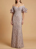 Lara Off Shoulder Mermaid Beaded with Tiered Sleeves Gown 29190