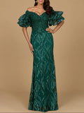 Lara Off Shoulder Mermaid Beaded with Tiered Sleeves Gown 29190