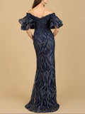 Lara Off Shoulder Mermaid Beaded with Tiered Sleeves Gown 29190