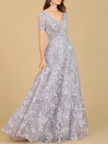 Lara Short Sleeve Lace A-Line Dress with V-Neckline Gown 29193