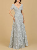 Lara Short Sleeve Lace A-Line Dress with V-Neckline Gown 29193