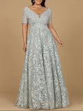 Lara Short Sleeve Lace A-Line Dress with V-Neckline Gown 29193