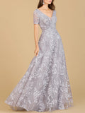 Lara Short Sleeve Lace A-Line Dress with V-Neckline Gown 29193