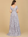 Lara Short Sleeve Lace A-Line Dress with V-Neckline Gown 29193