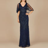 Lara Cape Sleeve V-Neck Beaded Gown 29356
