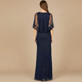 Lara Cape Sleeve V-Neck Beaded Gown 29356