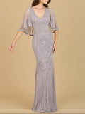 Lara Cape Sleeve V-Neck Beaded Gown 29356