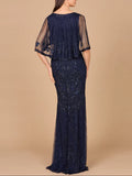 Lara Cape Sleeve V-Neck Beaded Gown 29356