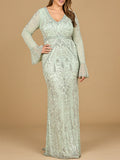 Lara Long Bell Sleeve V-Neck Beaded Gown 29358