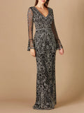 Lara Long Bell Sleeve V-Neck Beaded Gown 29358
