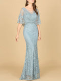 Lara Glacial Green Cape Sleeves Mermaid Gown 29673