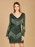 Lara Long Sleeve Beaded V-Neck Fringe Cocktail Dress 29355