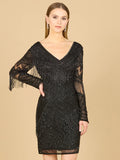 Lara Long Sleeve Beaded V-Neck Fringe Cocktail Dress 29355