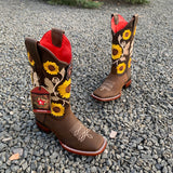 Women's Los Altos Brown Sunflower Wide Square Toe Boots