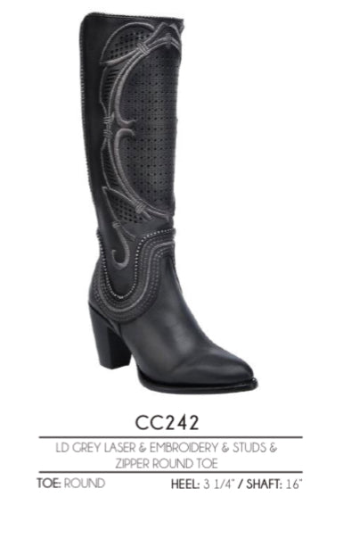 Cuadra Grey Laser Embroidery & Studs Tall Boots CC242