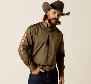 Men's Ariat Olive Green Team Logo Twill Classic Fit Shirt Moreno's Wear Men's Ariat Olive Green Team Logo Twill Classic Fit Shirt Moreno's Wear