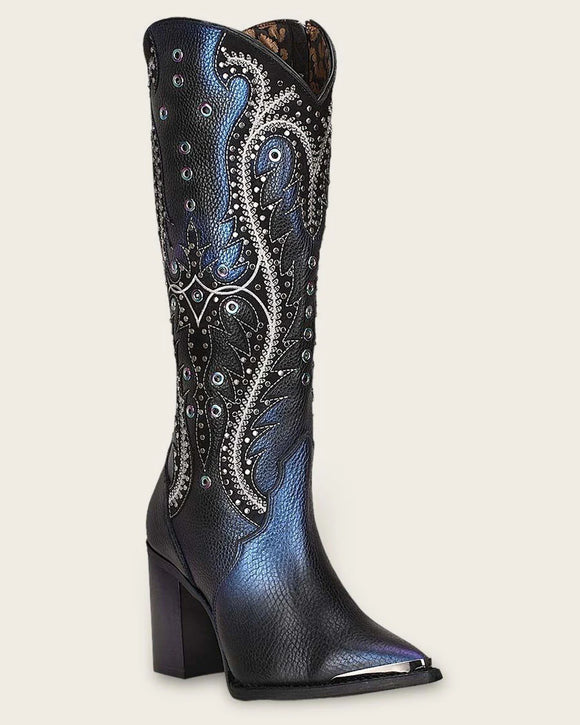 Cuadra Black Blued Studs & Embroidery Tall Boots