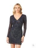 Lara Navy Long Sleeve V Neck Beaded Cocktail Dress 29344