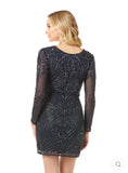 Lara Navy Long Sleeve V Neck Beaded Cocktail Dress 29344