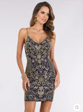 Lara Navy/Gold Spaghetti Strap Gold Beaded Dress 29378