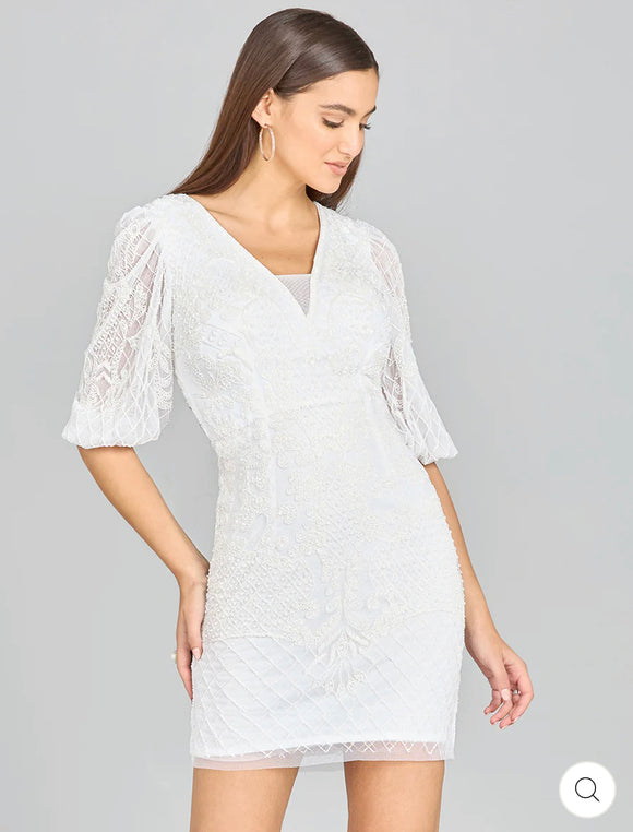 Lara Ivory V-Neck Beaded Short Sleeves Dress 51118