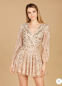 Lara Nude/Ivory Beaded Long Sleeve Cocktail Dress 51125