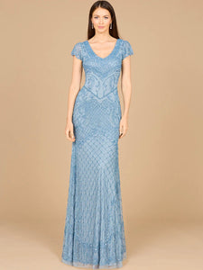 Lara Beaded Cap Sleeve Gown with V-Neck Gown 29073