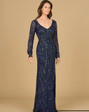 Lara Navy V-Neck Beaded Gown with Sleeves 29120