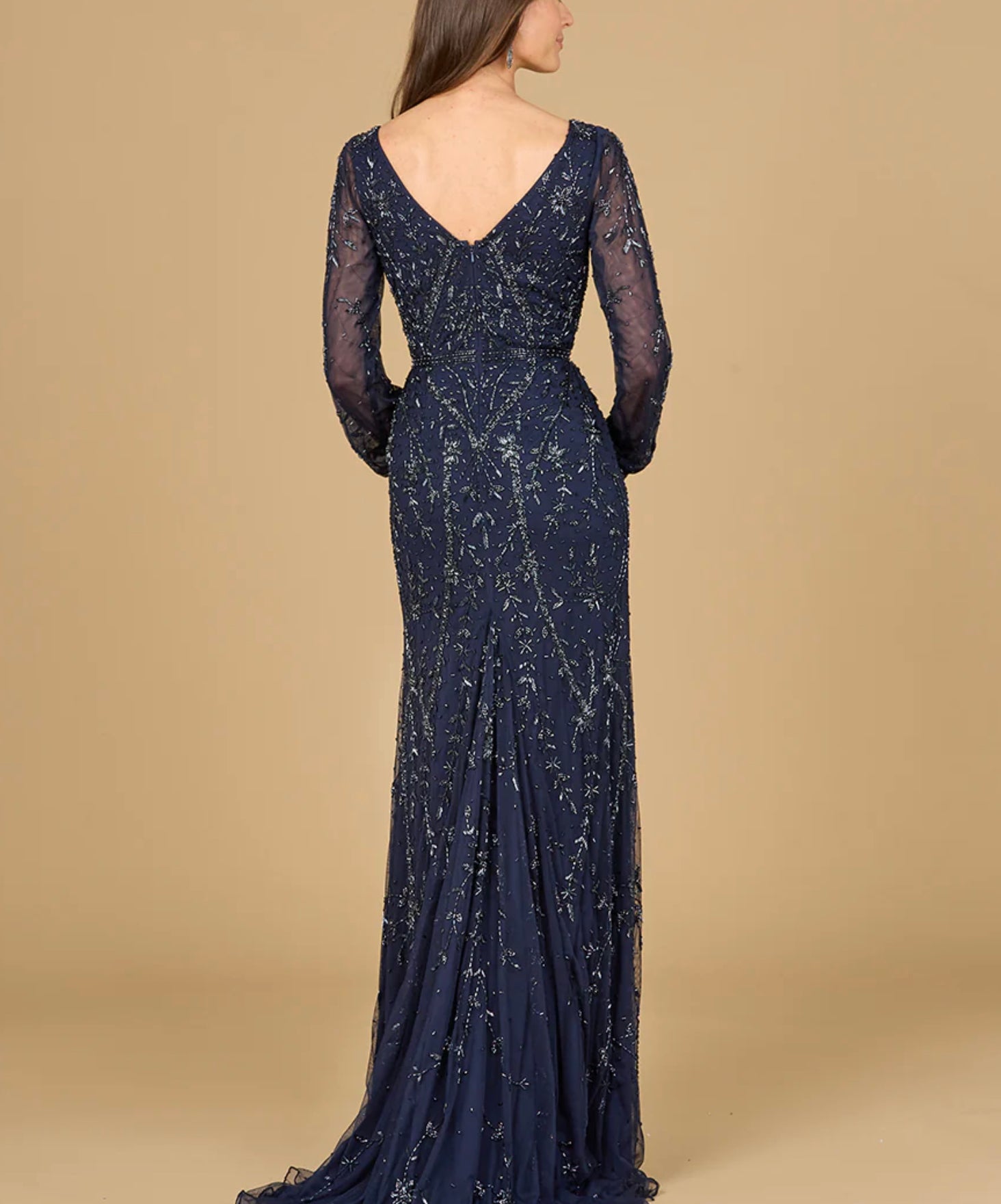 Lara Navy V-Neck Beaded Gown with Sleeves 29120 Moreno's Wear Lara Navy V-Neck Beaded Gown with Sleeves 29120 Moreno's Wear