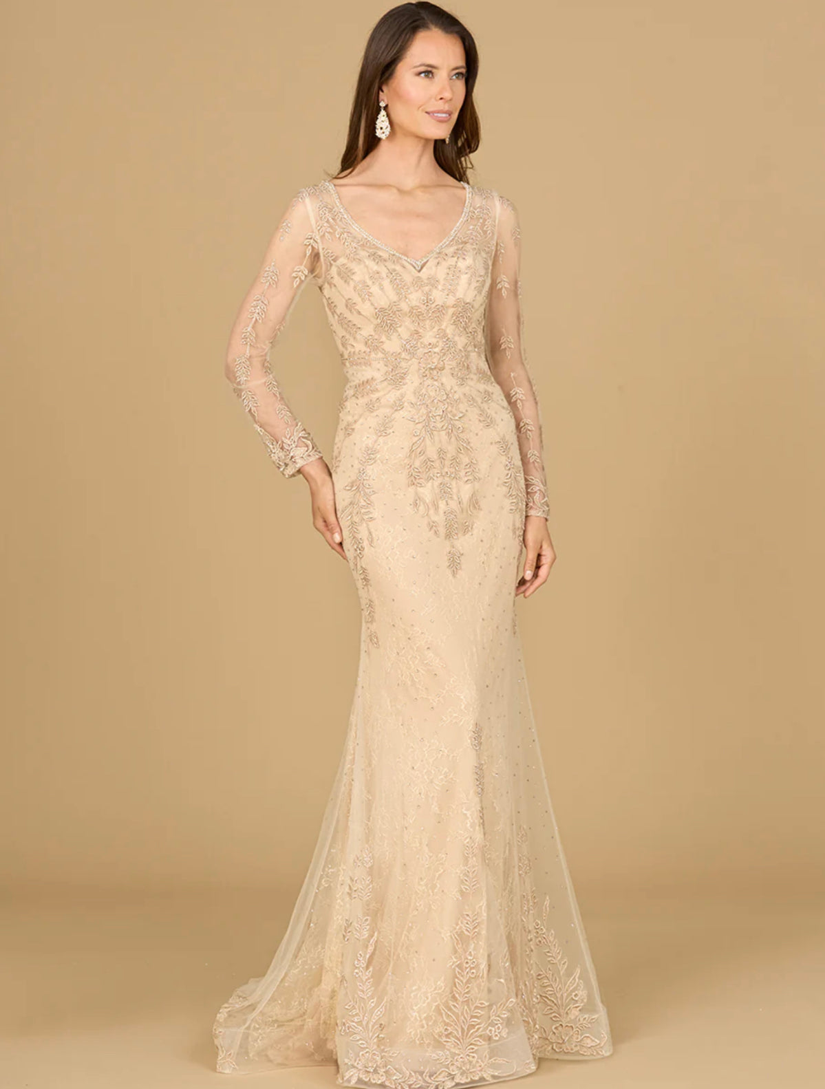 sachin and babi light blue dress High Neck Light Champagne Long Sleeves Evening Dress – Dressesforparty