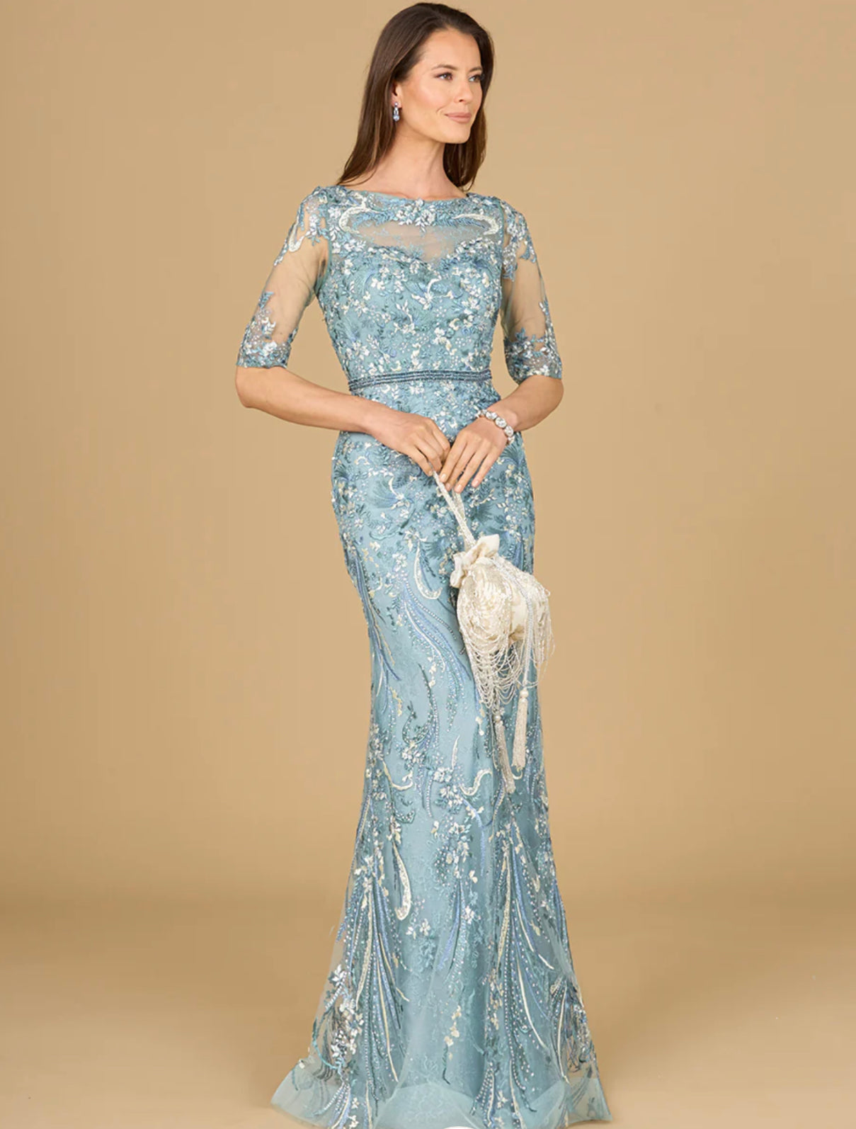 Lara Dusty Blue Short Sleeve Lace Fitted Gown 29129 Moreno's Wear Lara Dusty Blue Short Sleeve Lace Fitted Gown 29129 Moreno's Wear