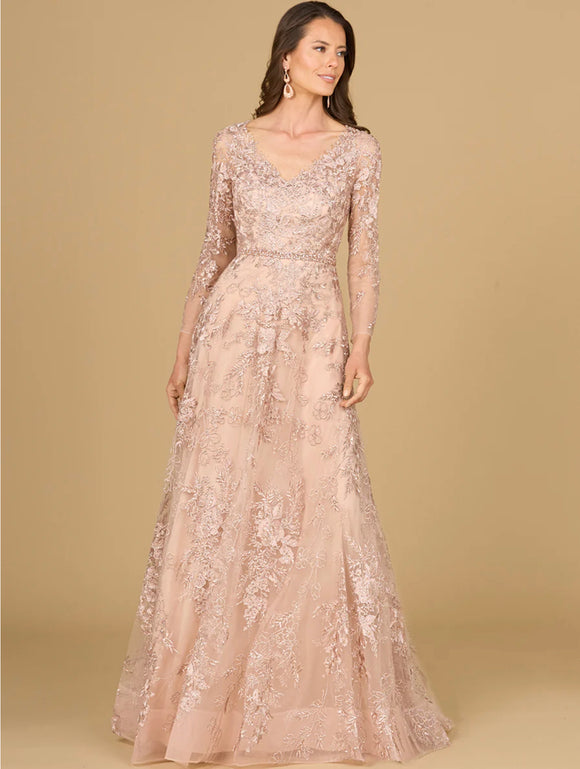 Lara Long Sleeve V-Neck Lace Gown 29132