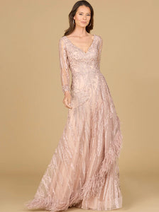 Lara Blush Long Sleeve V-Neck Lace Gown with Feathers 29133