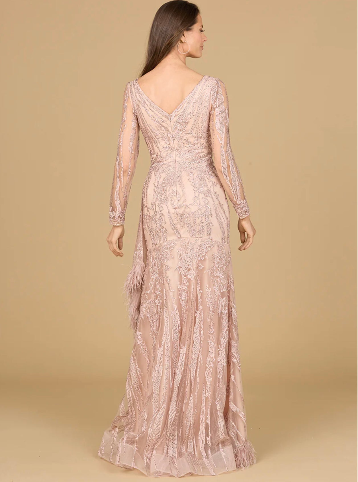 Lara Blush Long Sleeve V-Neck Lace Gown with Feathers 29133 – Moreno's Wear Lara Blush Long Sleeve V-Neck Lace Gown with Feathers 29133 – Moreno's Wear